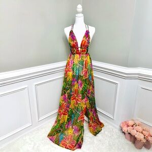 NWT✨STUNNING Tropical Print Split Thigh Halter Neck Backless Dress